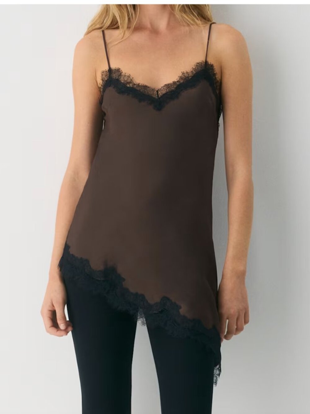 Ten Aritzia Skylounge Satin Camisole Asymmetric Lace trim Bias Cut Top sz S
